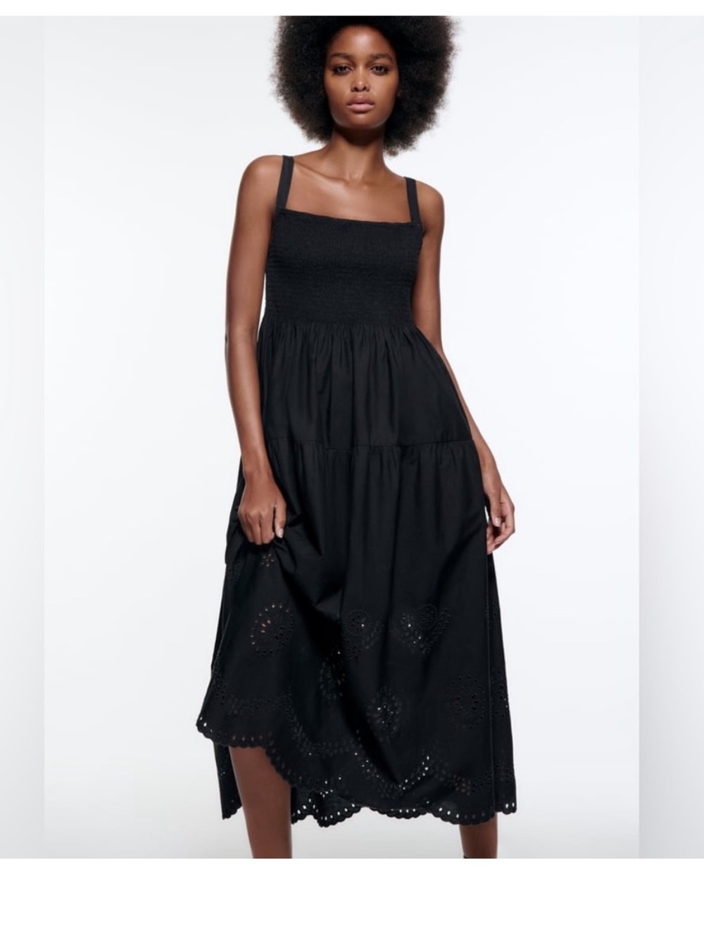Zara Black Smocked Scalloped Hem Eyelet Black Midi Dress